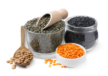 Beyaza izole edilmiş farklı mercimek türleri