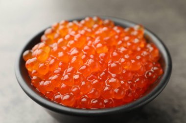 Gri masada kasede lezzetli kırmızı havyar, yakın plan.