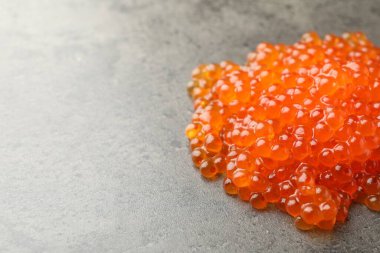 Gri masadaki lezzetli kırmızı havyar yığını, yakın plan. Metin için boşluk