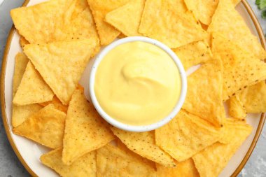 Lezzetli peynir sosu kasede ve cipsler masada, üst tarafta.