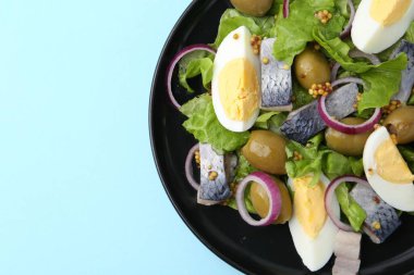 Ringa balıklı lezzetli salata, yumurta, hardal ve sebzeler açık mavi arka planda, üst manzara. Metin için boşluk