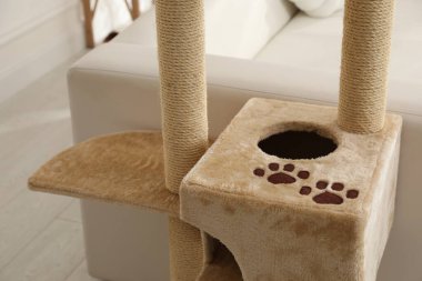 Büyük, rahat kedi ağacı, kazıkları içeride, yakın plan.