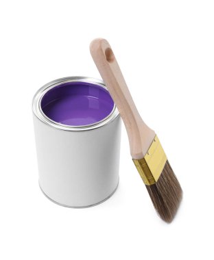 Can of purple paint and brush isolated on white