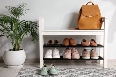 Farklı şık ayakkabılar, poşetler ve ev bitkileriyle ayakta durun.