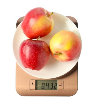 Electronic kitchen scale with plate of apples isolated on white, top view