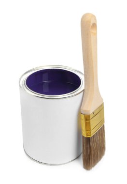 Can of purple paint and brush isolated on white