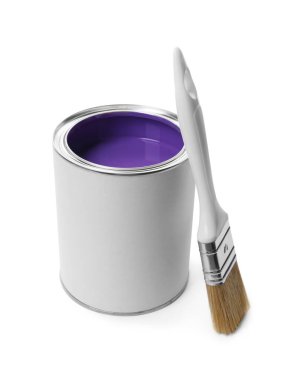Can of purple paint and brush isolated on white