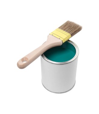 Can of turquoise paint and brush isolated on white