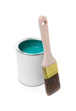 Can of turquoise paint and brush isolated on white