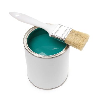 Can of turquoise paint and brush isolated on white