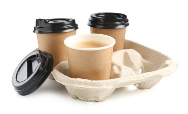 Paper coffee cups in cardboard holder isolated on white