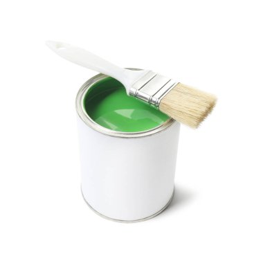 Can of green paint and brush isolated on white