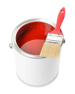 Can of red paint and brush isolated on white