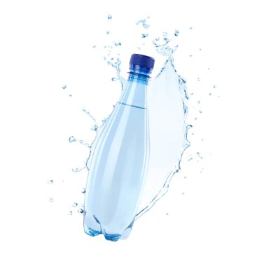 Bir şişe su ve beyaz arka planda havaya sıçrama.