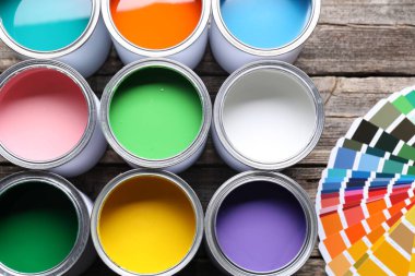 Parlak boya kutuları ve ahşap masa üzerinde renk paletleri, düz yatıyordu.