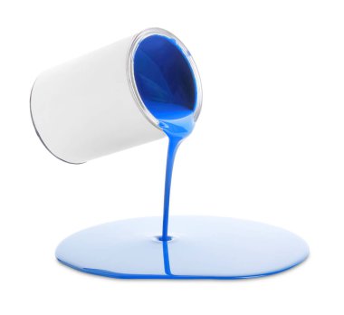 Blue paint flowing down from can on white background