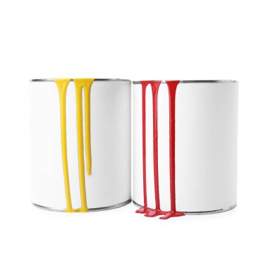 Cans with yellow and red paint isolated on white