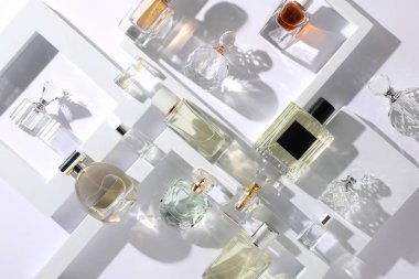 Beyaz arka planda farklı lüks parfümler, düz yatış