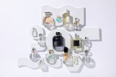 Beyaz arka planda farklı lüks parfümler, düz yatış