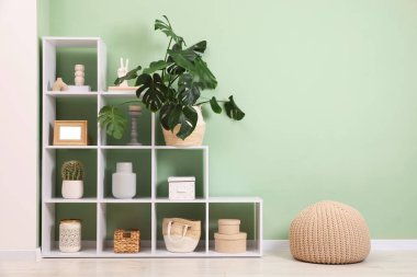 Salon içinde zeytin duvarının yanında dekorlu raf ünitesi. Metin için boşluk