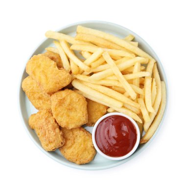 Tasty chicken nuggets and french fries with sauce isolated on white, top view