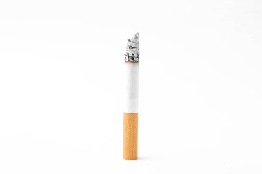 One cigarette butt on white background. Smoking habit