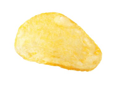 Beyaza izole edilmiş lezzetli bir patates cipsi.