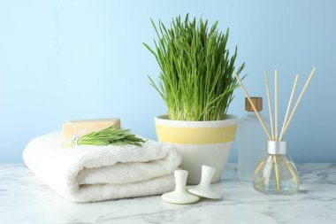 Spa composition with wheatgrass on white marble table