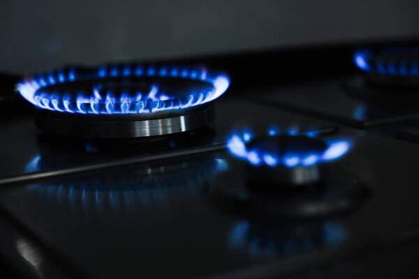 Gas burners with blue flame on stove, closeup