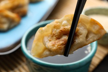 Masada kızarmış gyoza köftesi yemek, yakın plan.