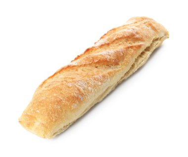 Taze pişmiş baget ekmeği beyaza izole edilmiş.