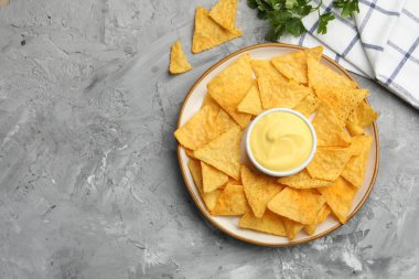 Lezzetli peynir sosu kaseye, nacho cipsi ve maydanozlu gri masa, düz yatak. Metin için boşluk