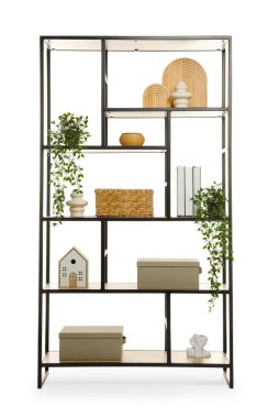 Ev dekorasyonu beyaz üzerine izole edilmiş raf ünitesi