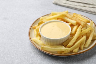 Lezzetli peynir sosu kasede ve patates kızartması gri masada, yakın plan. Metin için boşluk