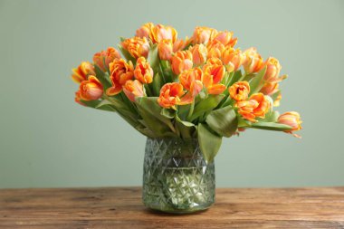 Vazodaki güzel laleler açık yeşil arka plana karşı ahşap masada.