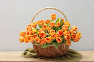 Hasır sepetteki güzel laleler Gri arka plana karşı ahşap masada
