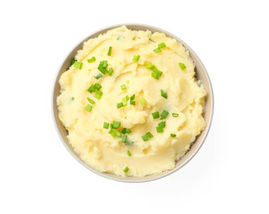 Lezzetli patates püresi, yeşil soğanlı, beyaz tenli, üst manzaralı.