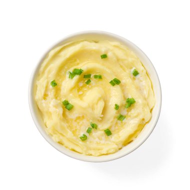 Lezzetli patates püresi, yeşil soğanlı, beyaz tenli, üst manzaralı.