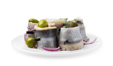 Zeytinli, turşulu, dereotlu ve soğanlı lezzetli ringa dürümleri.