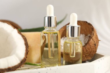 Saç tedavisi. Kozmetik ürünler, hindistan cevizi, tereyağı talaşı ve beyaz arka planda aloe yaprakları, yakın plan