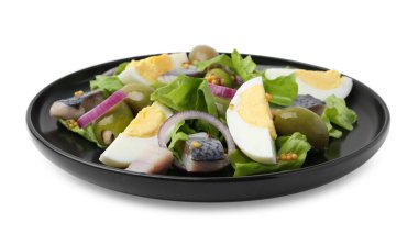 Beyaz arka planda ringa balığı, yumurta, hardal ve sebzeli lezzetli salata.