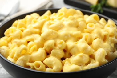 Masada peynir soslu leziz makarna, yakın plan.