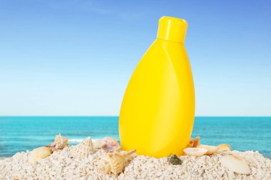 Bir şişe güneş kremi ve okyanus kıyısında deniz kabukları.