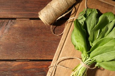 Bir demet taze yeşil doru yaprak ve tahta masa üzerinde sicim düz yatıyordu. Metin için boşluk