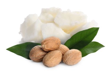 Doğal Shea yağı, fındık ve yeşil yapraklar beyaza izole edilmiş.