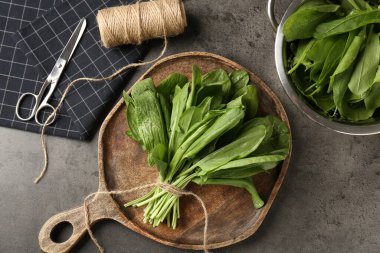 Taze kuş sürüsü, makas ve sicim gri masada, düz yatıyordu.