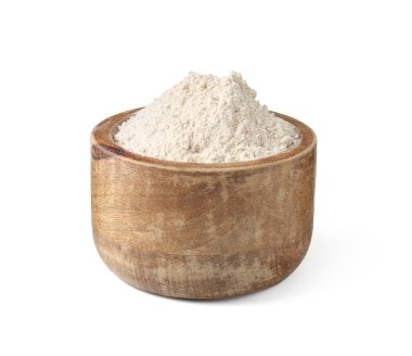 Beyaz kasedeki kahverengi pirinç unu.