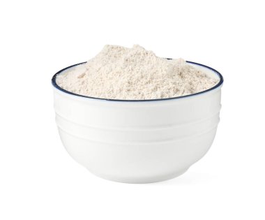 Beyaz kasedeki kahverengi pirinç unu.