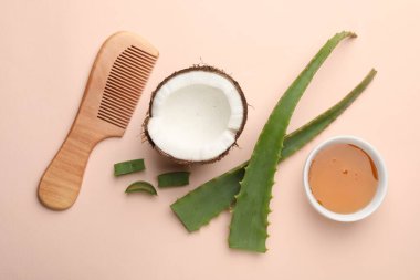 Saç tedavisi. Taze hindistan cevizi, bal, tarak ve aloe yaprakları bej arka planda, düz uzanmış