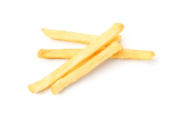 Many delicious French fries isolated on white, top view